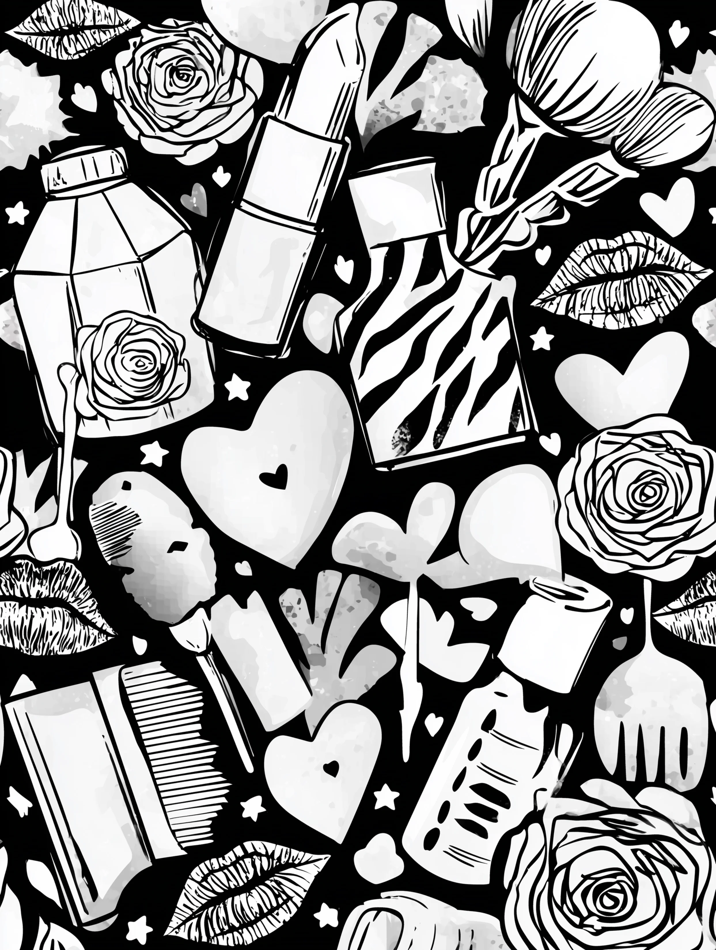 Free printable makeup coloring page for adults featuring a pile of makeup bottles